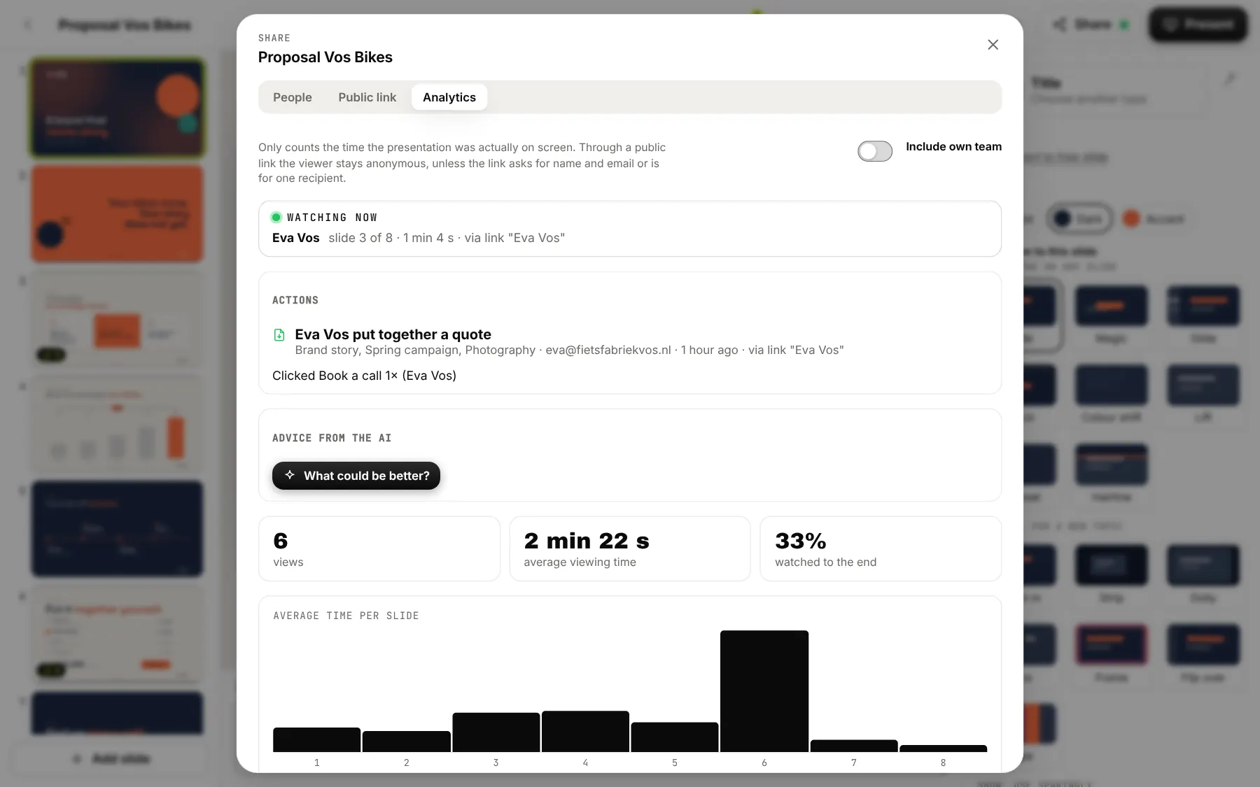 Analytics of a proposal: views, viewing time, actions and time per slide